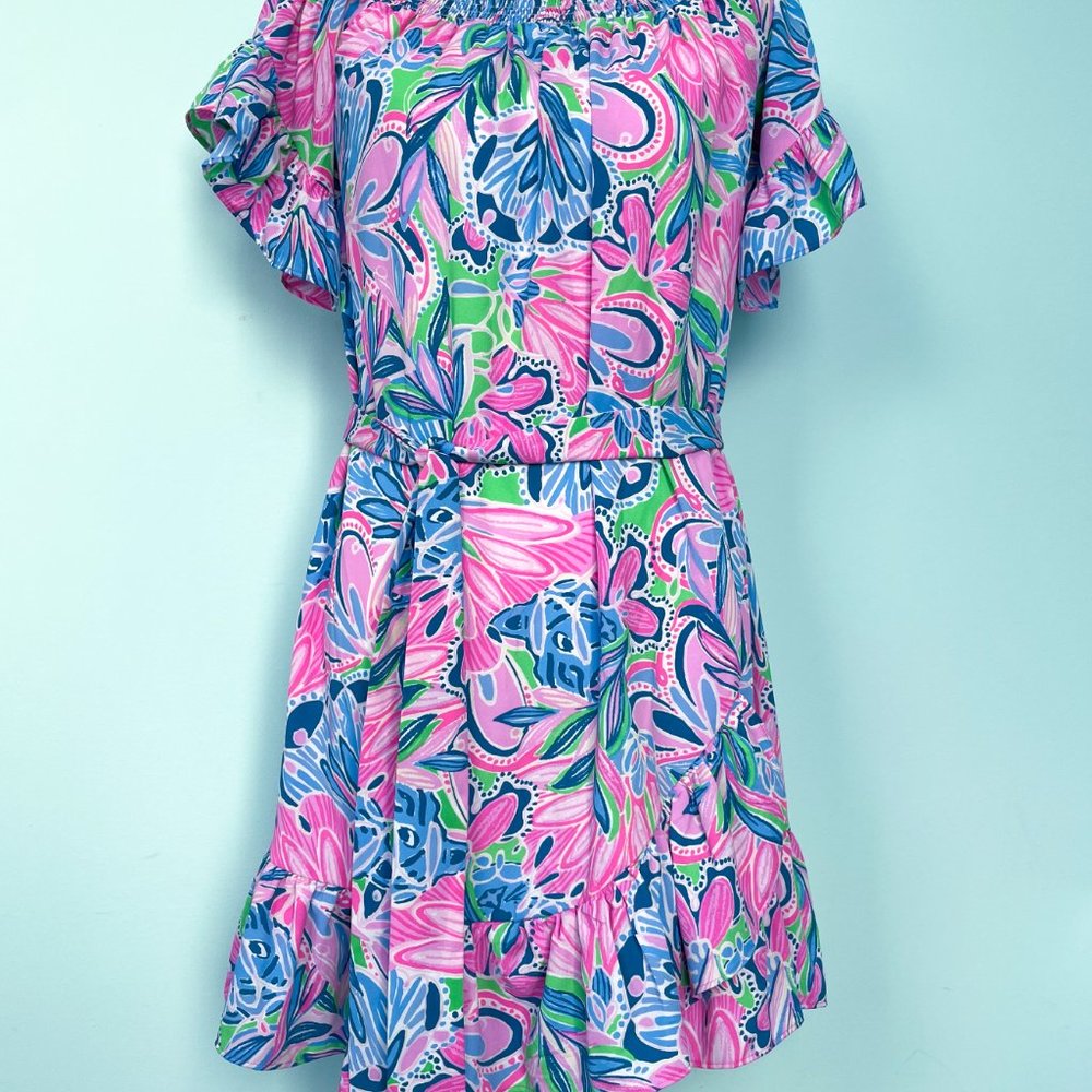 Lilly Pulitzer Dress Maddlyn Off Shoulder Sunrise Medium - Picture 2 of 7